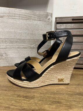 Michael Kors like new black leather strappy buckle braided canvas wedge sandals
